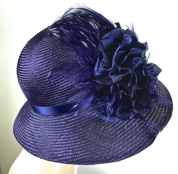 Navy Blue Straw Hat with Handmade Flower and by MakowskyMillinery