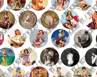 Retropolis 1 inch Collection - Vintage Pin Up Girls - Digital Collage Sheet - Gil Elvgren - Mucha - 1 Inch Circles (72 Images 1 x A4)