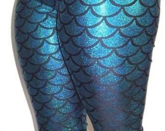 Holographic Turquoise Mermaid Leggings, Yoga Pants for Women, Exercise Pants, Holographic Mermaid Scale Leggings