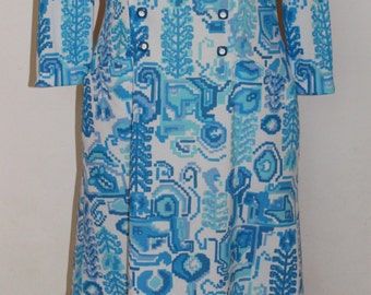 Vintage 1960's D.L. Barron Blue and White Geometric Dress
