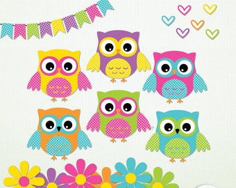 Owl ClipArt - 6 owls 6 hearts 6 flowers & bunting - Candy Store - Scrapbooking Instant Download G7317