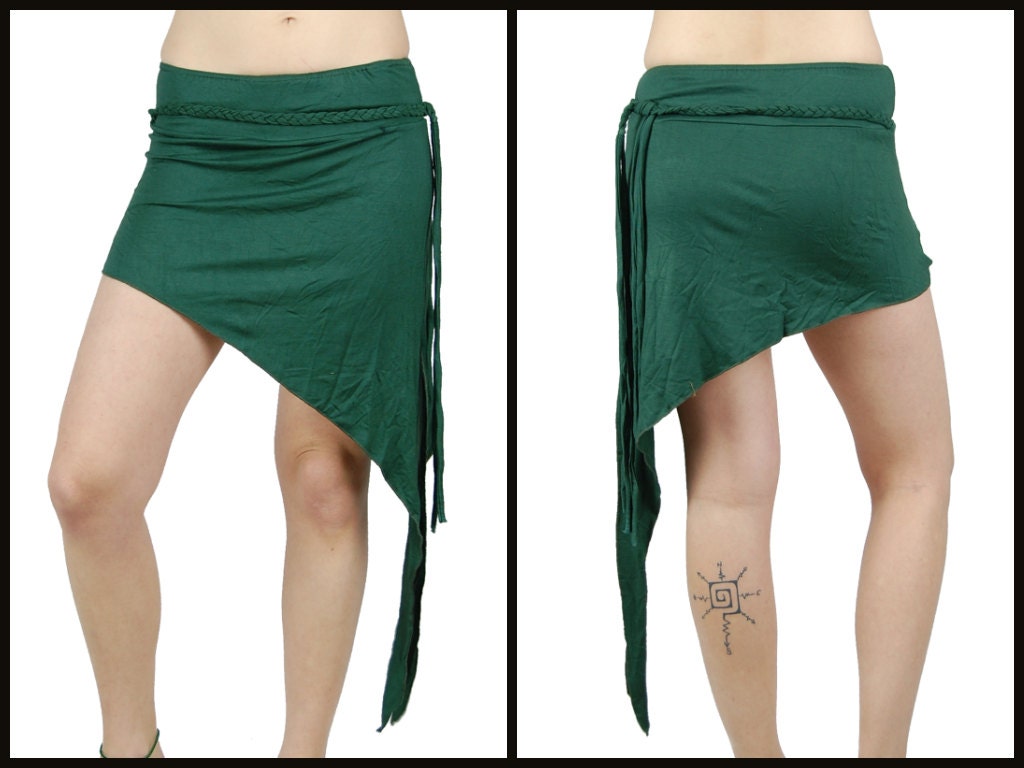 Green pixie skirt pointed cut with braided cord at waist.