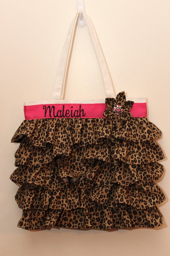 LARGE 14x14 Hot Pink Cheetah Ruffled Canvas Tote Bag with