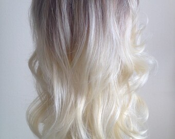 Roots - Handmade 18 inch Synthetic Dark Brown & Ash/Platinum Blonde Ombre Fashion/Costume/Cosplay Wig