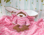 Chevron Baby Blanket for stylish babies - Trendy and unique - Security Blanket with hand made stuffed bunny rabbit, pink baby shower gift