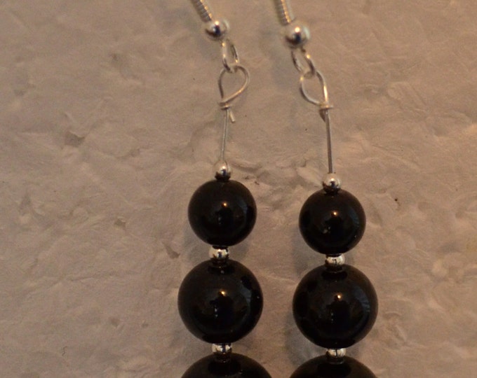 Black Agate French Hooks, Natural, Metal Sterling Silver E706
