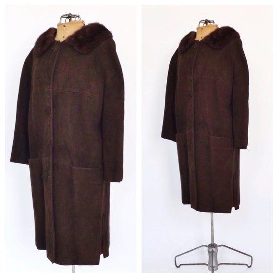 Vintage 1950s 1960s Chocolate Brown Suede Leather Winter Coat