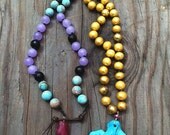 Long Turquoise Necklace / Saffron Pearls / Lavender Jade / Black Onyx / Sky Blue Jasper / Ruby / Leather / Knotted / Boho