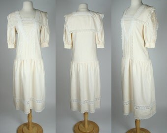 1980's white linen dress Jessica McClintock sailor nautical collar ...