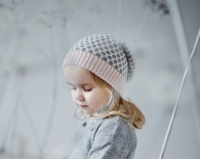 Polka dots hat / alpaca baby cap / children hat / toddler hat / girl alpaca wool slouchy beanie / slouchy hat / knit pale rose and gray hat