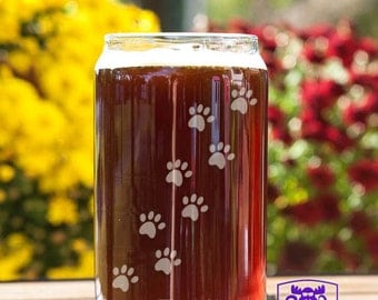 Cat Track Paw Prints Customizable Etched Beer Can Glass Glassware Gift