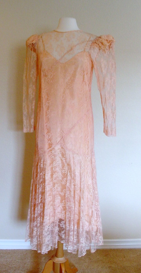 1970s does 1920s Peach Lace Drop Waist Great by PapasAtticVintage