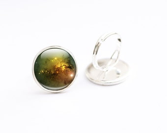Space Ring - Adjustable Silver Ring - Large Glass Nebula Ring