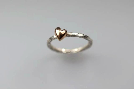 Tiny puffy heart ring in silver and bronze little heart ring