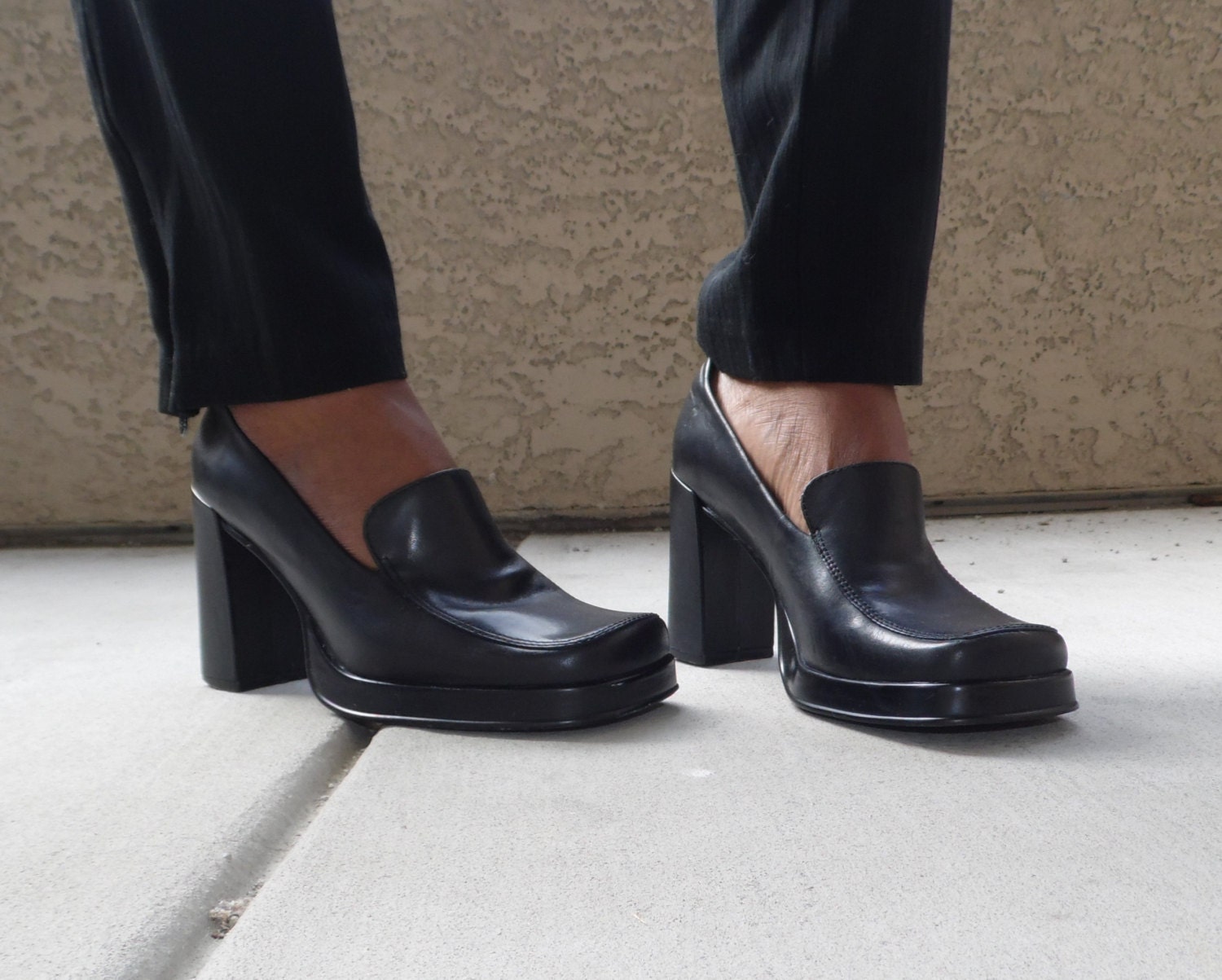 asos design storm chunky mid heeled loafers in black patent