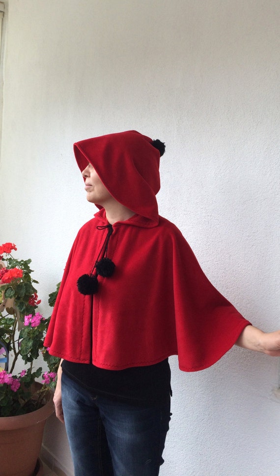 Red Hooded Cape Polar Fleece Cozy Capelet Hooded by designscope