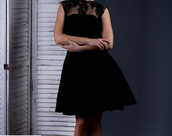 Beautiful flared velvet dress with lace and transparent back