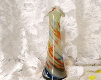 Hand Blown Clear Glass Vase with Mulit Colored Ribbons- Retro Art Glass-Vintage Ribbon Vase