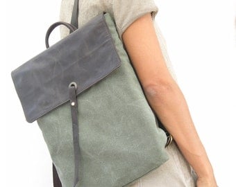 Green Canvas Backpack, Unique Laptop Backpack, Leather Satchel, Durable Backpack, Bags for School, Canvas and Leather Backpack, Green Bag