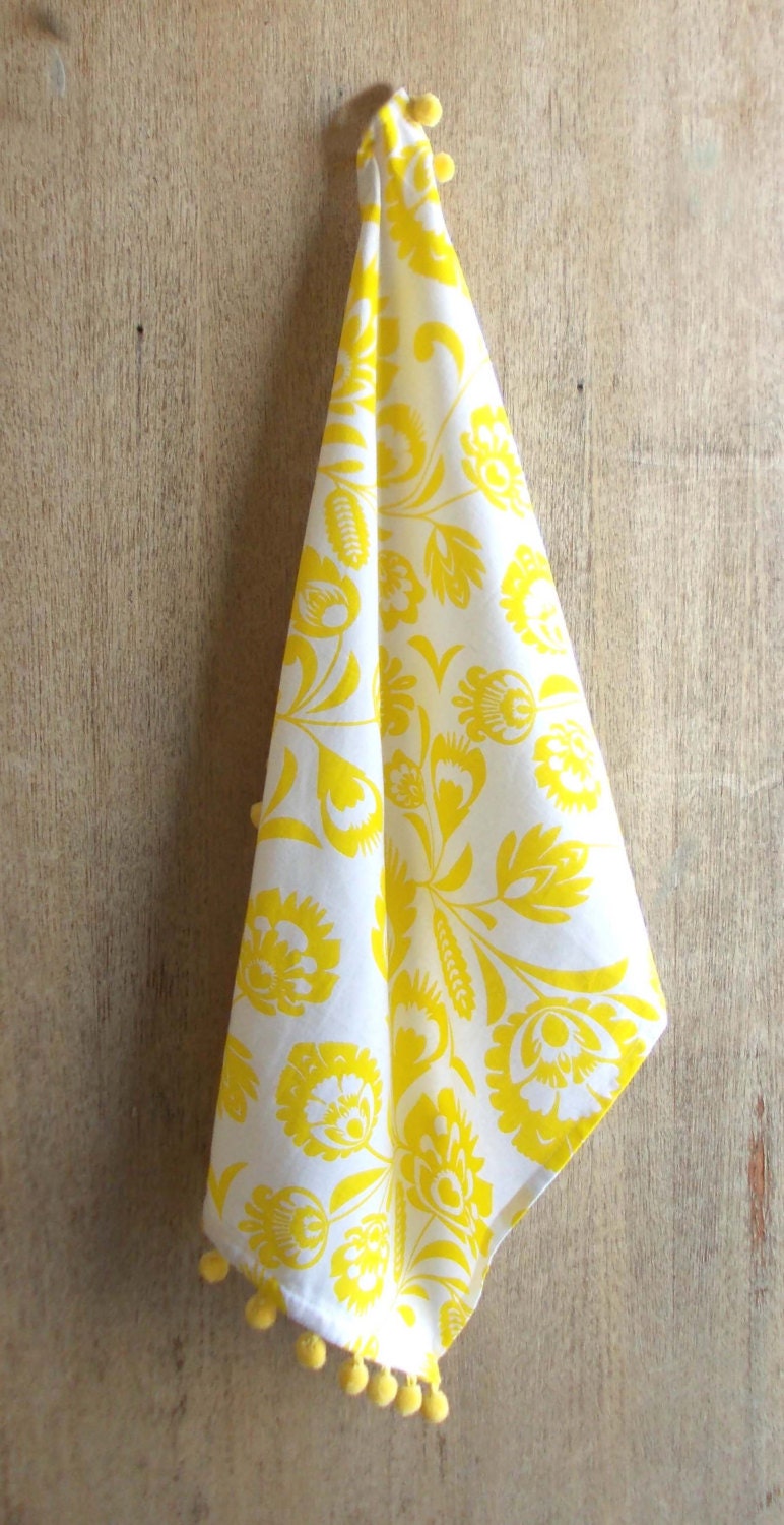 Kitchen towel yellow floral print on white folk art 100