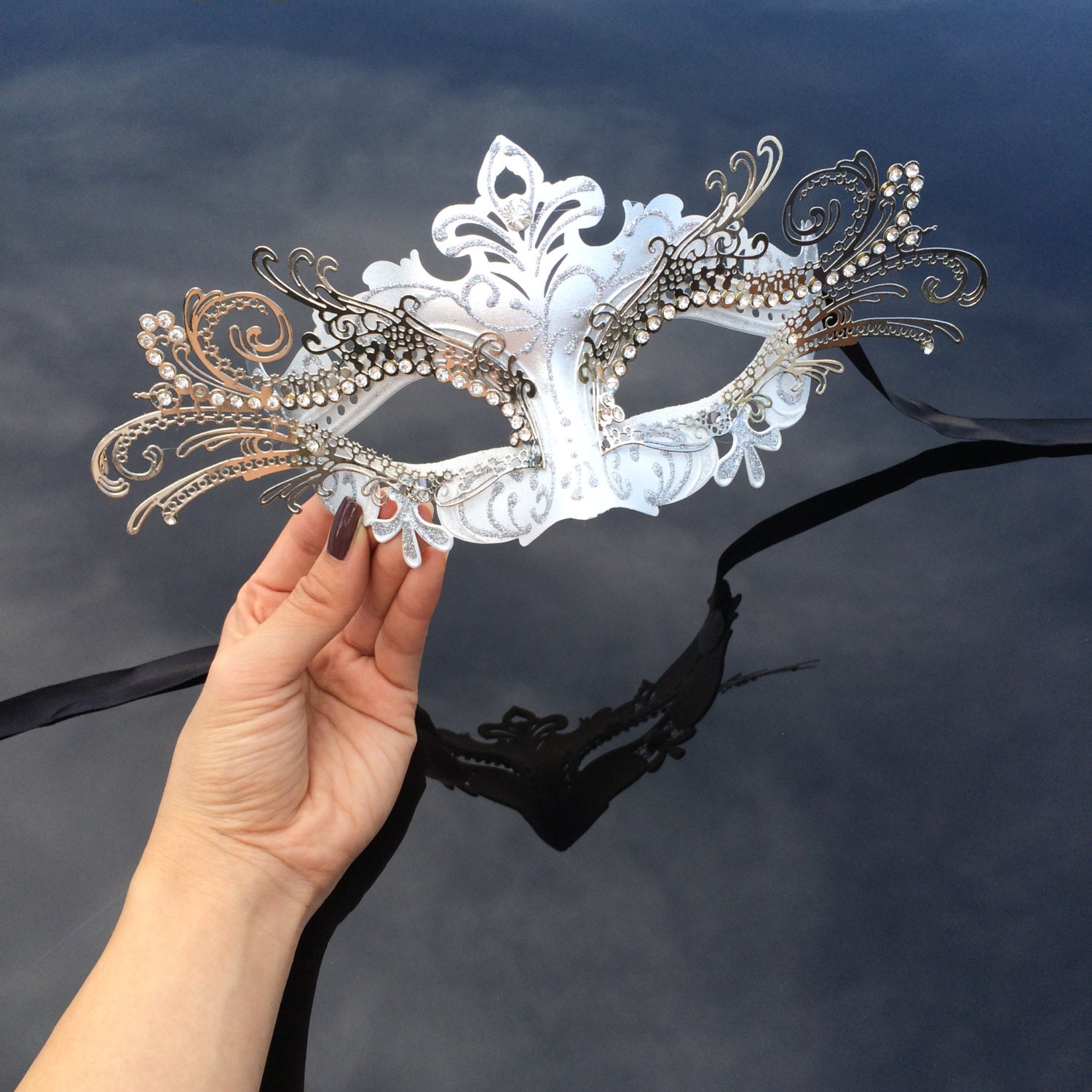 Silver 3D Venetian Masquerade Mask with Diamonds Masquerade