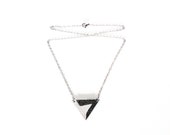 Galaxy Geometric Leather Necklace // Silver Steel Chain // Holographic Black White Triangle Art deco Pendant