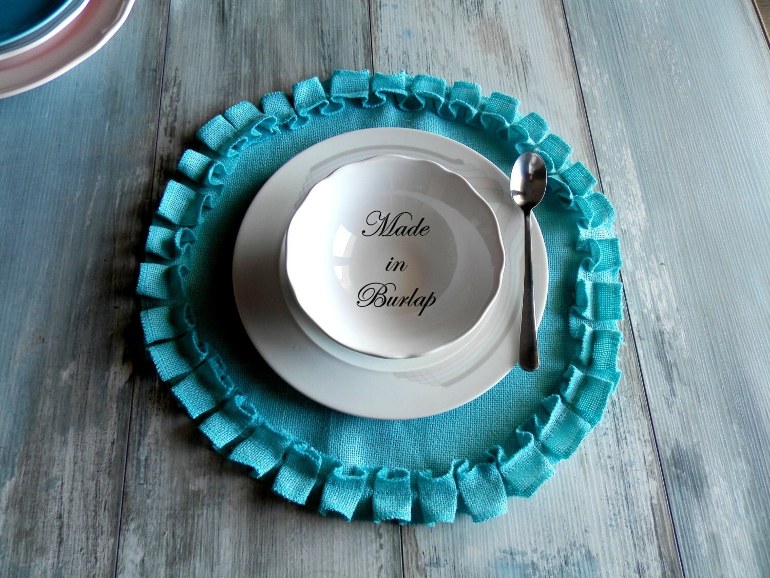 Set of 4 Round Turquoise Burlap Placemats with by MadeInBurlap