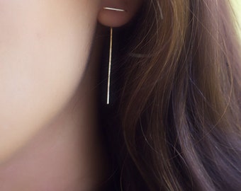 double sided earring, front back earrings, staple earring, minimalist, line earrings, delicate, gold filled