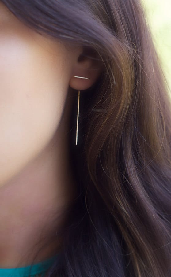 double sided earring, front back earrings, staple earring, minimalist, line earrings, delicate, gold filled