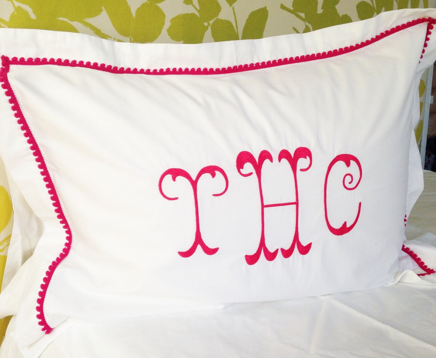 Monogram Pillow Sham With Mini Pom Pom Trim / Monogram Bedding