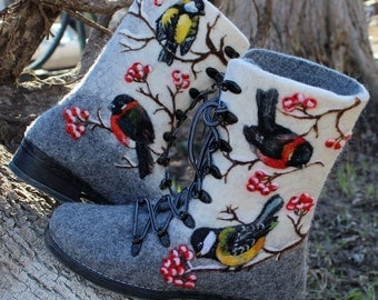 Felt grey winter boots Felted woolen shoes Boho snow valenki Wool painting bullfinch titmouse Felt birds Warm soft footwear Rubber sole