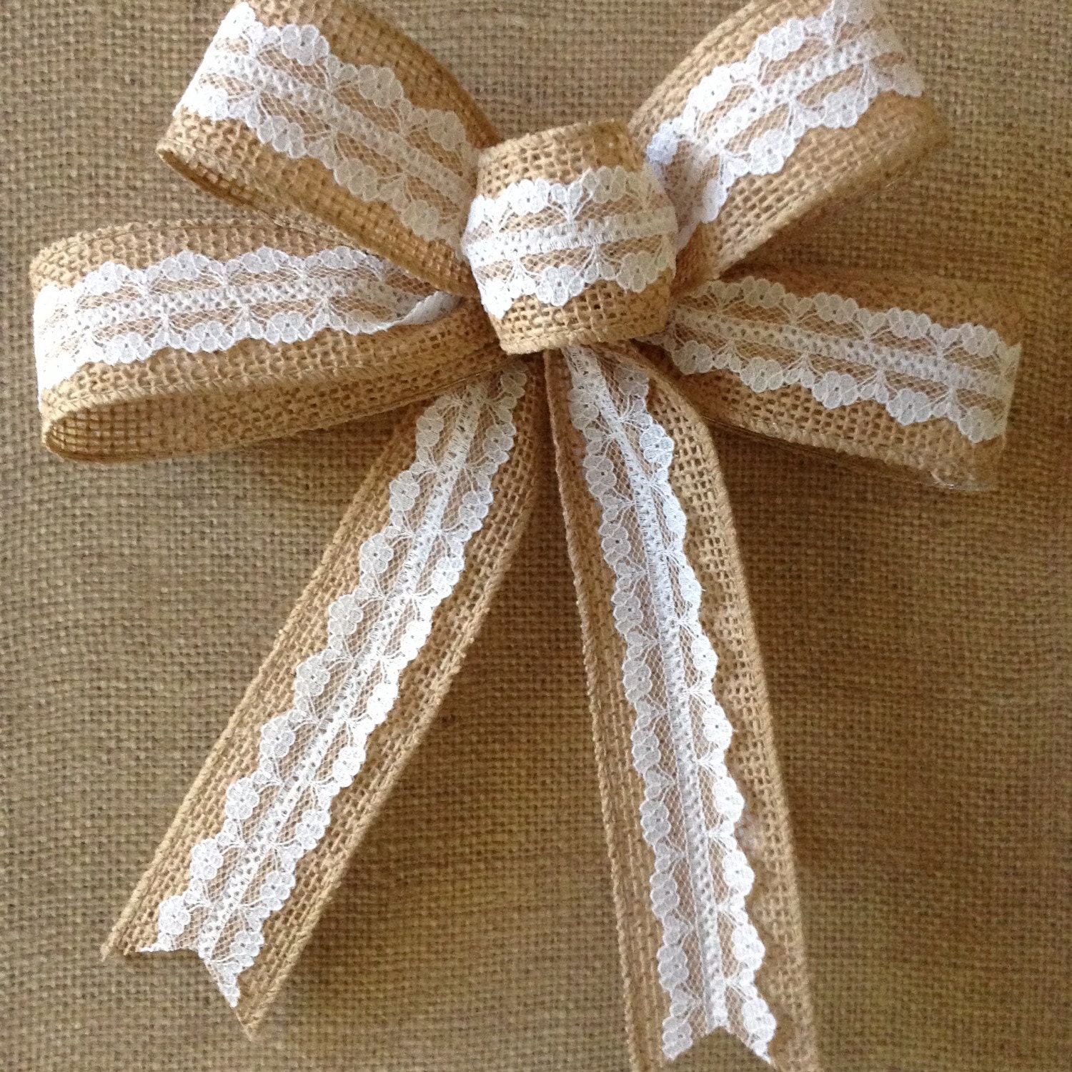 Burlap and white lace bows set of 10 handmade and design
