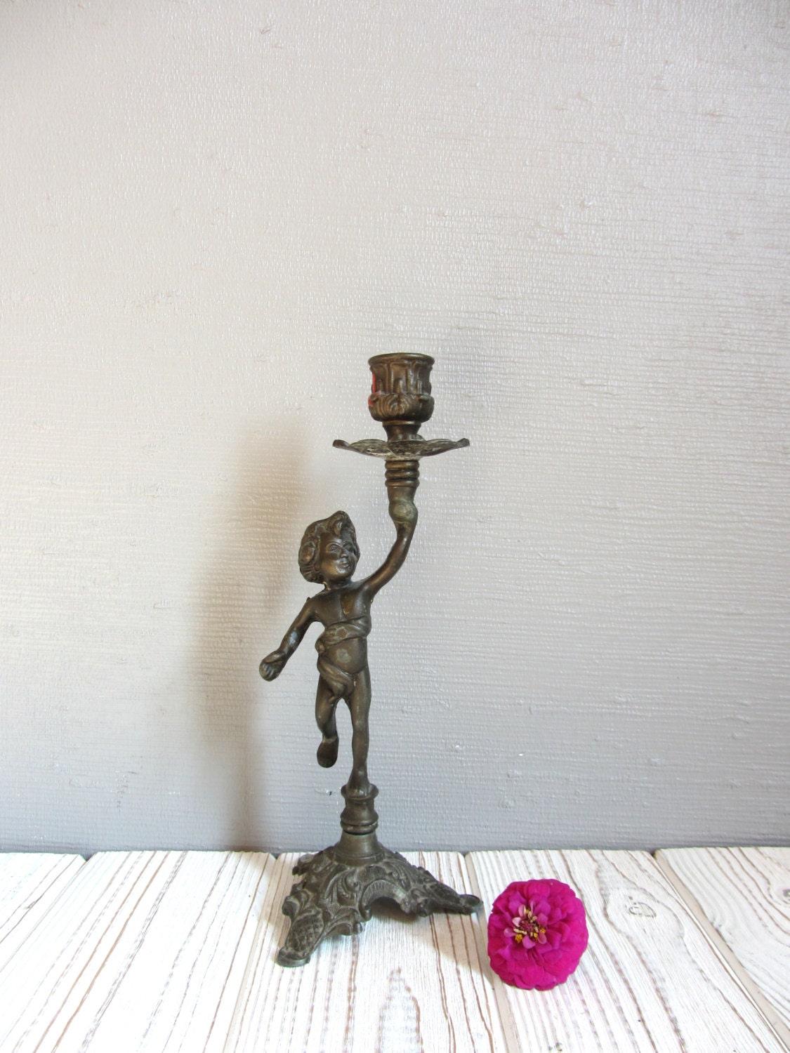 Vintage French Cherub CANDLE HOLDER Decorative Metal