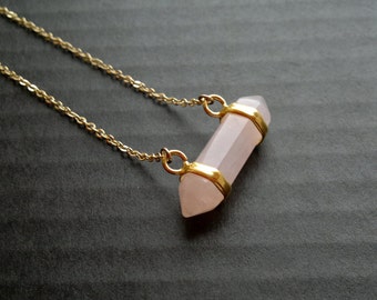 Rose Quartz Necklace Horizontal Crystal Point Rose Quartz Jewelry Crystal Penant Pink Stone Necklace Semiprecious Stone Mineral Necklace