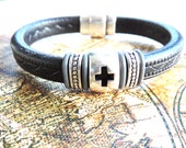 Leather Bracelet for Men and Women-Genuine European Embossed Black Leather and Antique Silver Cross Bead-Christian, Religious Gifts