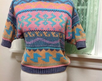 Vintage Tribal Knit Sweater, Non itchy, Short Sleeves, crew neck, Ribbing, Retro