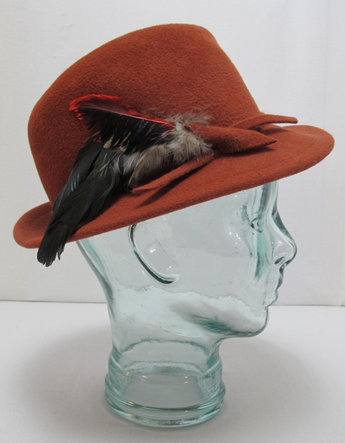 vintage womens hat rust brown wool felted womens fedora hat with