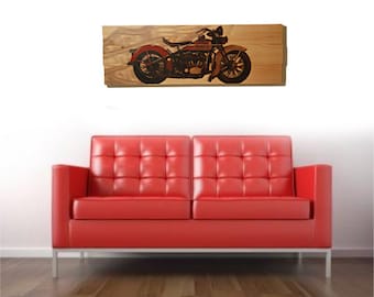 Large 1934 Harley Davidson Motorcycle Wall Art on Solid Wood Boards - 32" x 11" Biker Decor