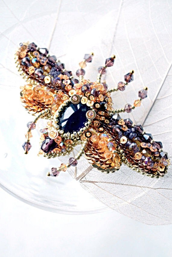 Bead embroidered Beetle brooch with Amethyst. Nature jewelry, insect jewelry, beetle jewelry, bead embroidery
