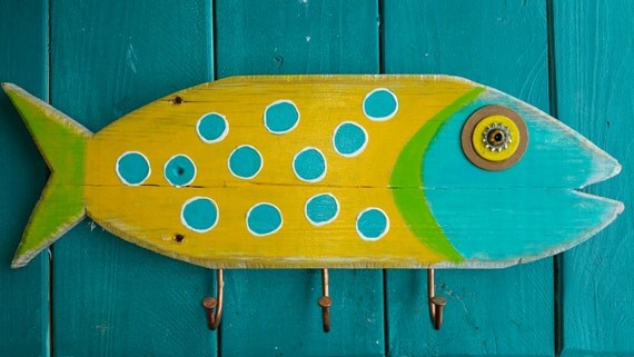 Yellow and Aqua Wooden Fish with hooks