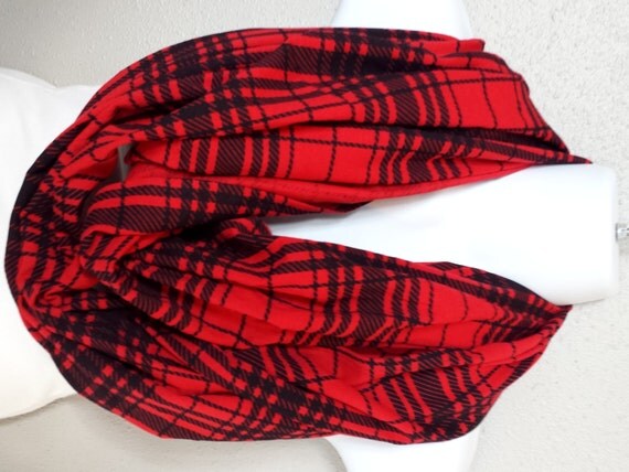 Red & Black Knit Fabric Plaid Infinity Scarf Womens Fall