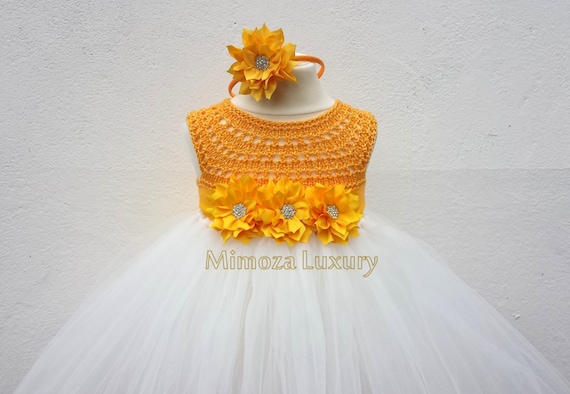 Yellow Daffodil Flower girl dress, tutu dress bridesmaid dress, princess dress, silk crochet top tulle dress Daffodil dress in yellow