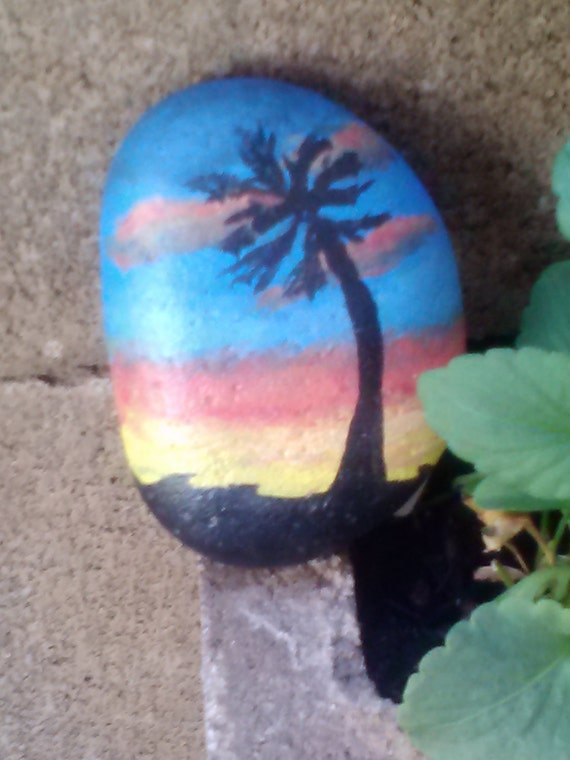 Items similar to Sunset with Palm Tree Silhouette - lovely, unique rock ...