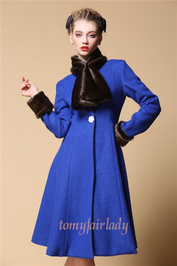 Items similar to Royal Blue Wool Fur Scarf Collar Winter Pleated Dress
