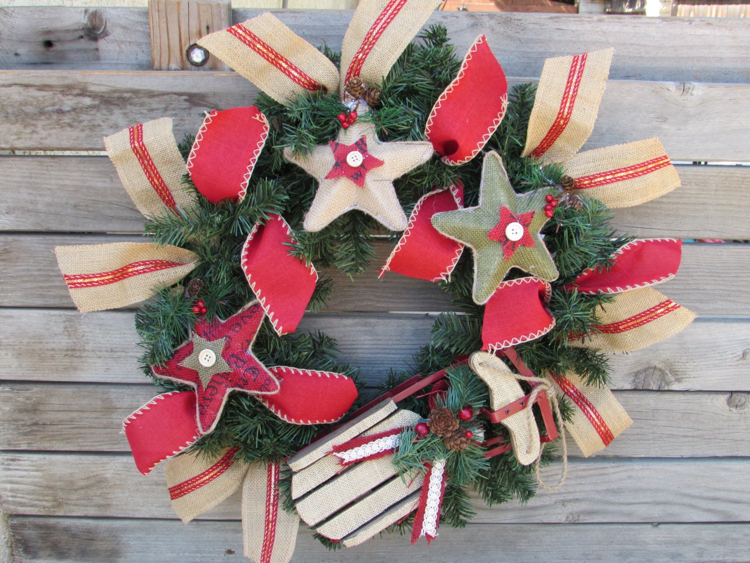 Vintage Christmas Wreath- Rustic Christmas Wreath- Sleigh Wreath- Star Wreath- Burlap Christmas Wreath- Santa's Sled Wreath- Pinecone Wreath