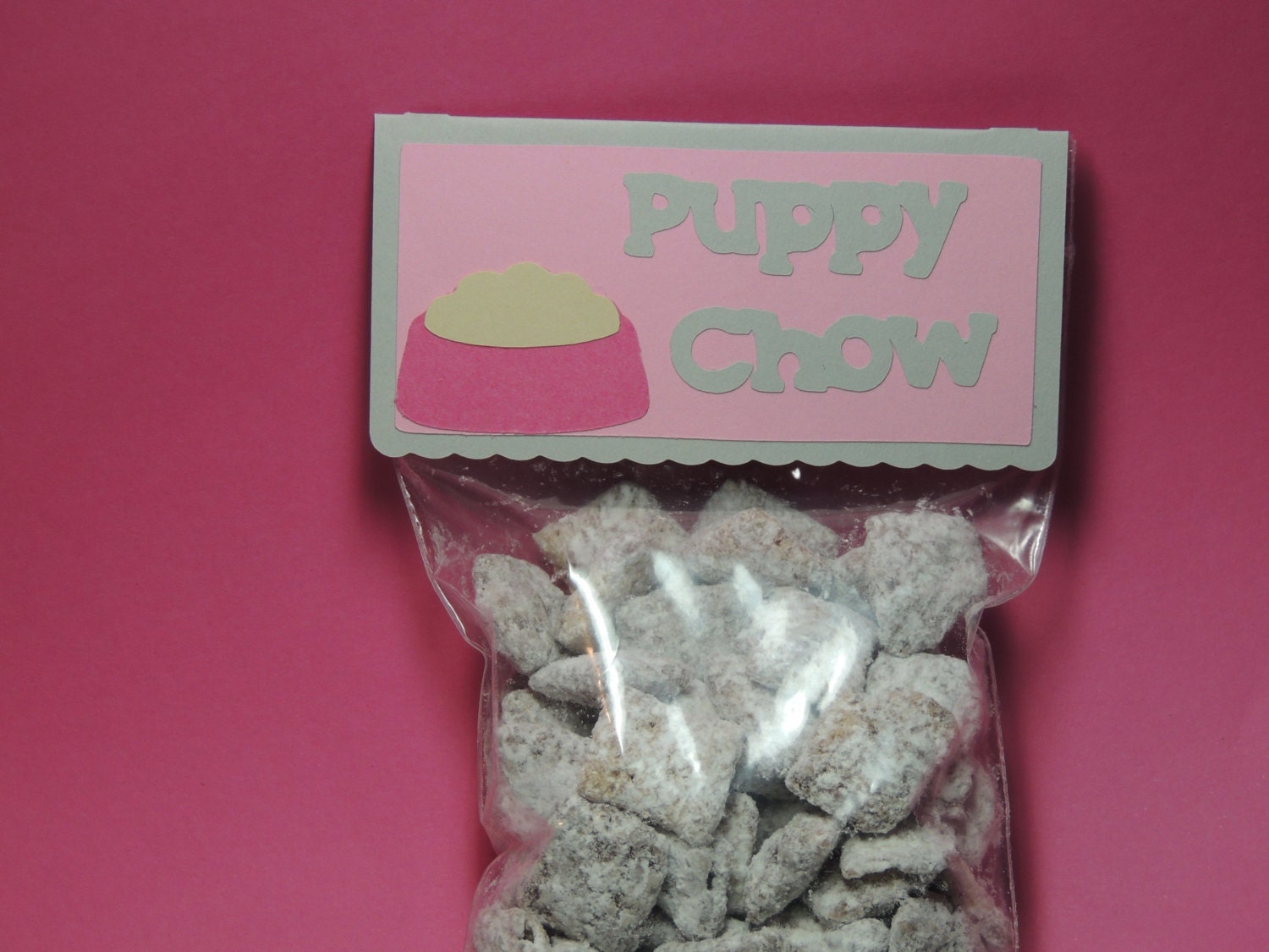 Girly dog party treat bag toppers. Puppy chow treat bags