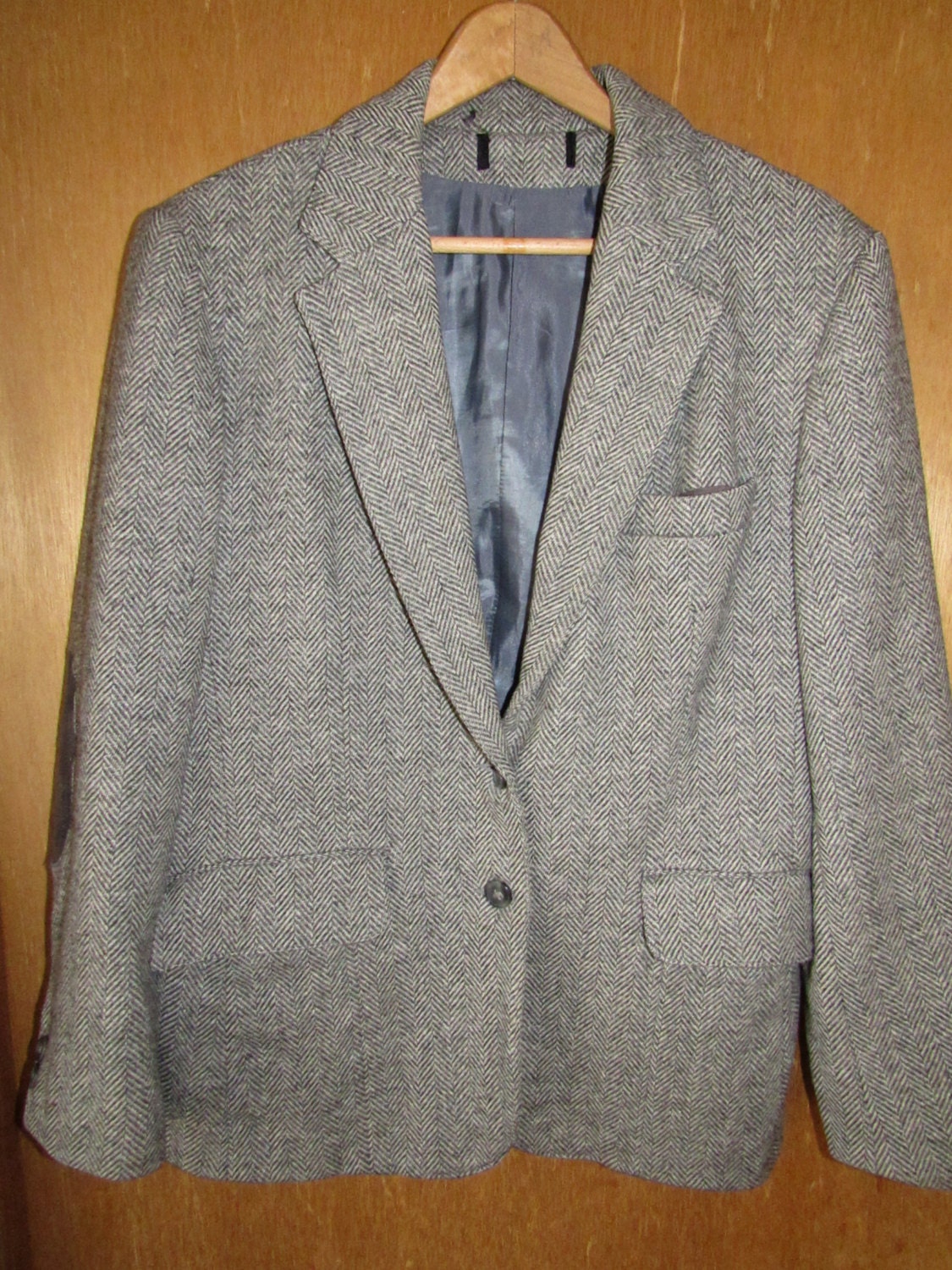 Women's herringbone wool blazer with leather elbow patches