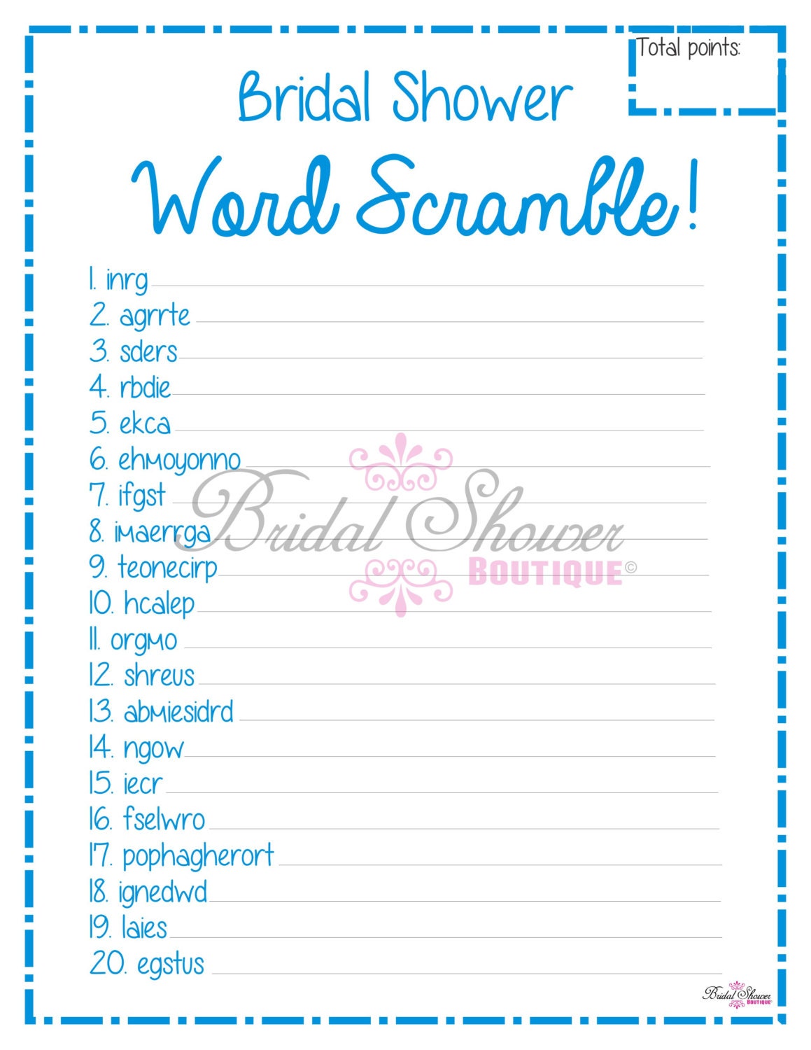 bridal shower word scramble game blue fun detailed cute