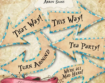 Alice in Wonderland Party Signs, Wonderland Blue Arrow Signs, Alice Birthday Decoration, Printable Signs, INSTANT DOWNLOAD