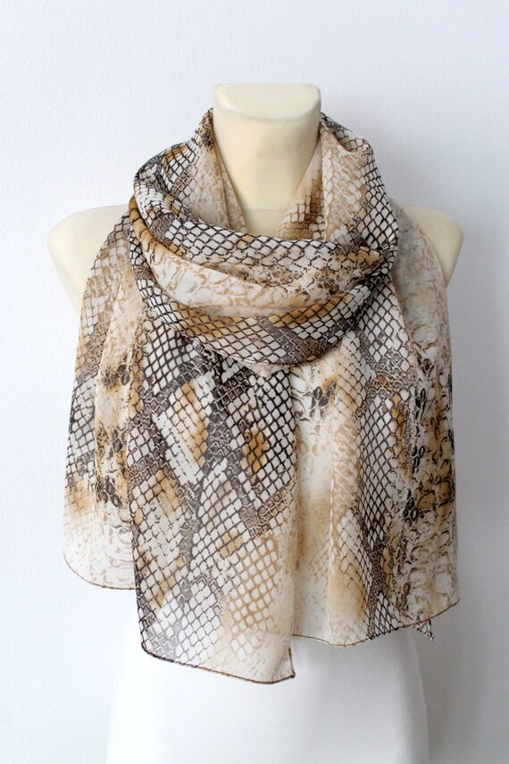 Snake Skin Printed Silk Scarf Brown Animal Print Scarf